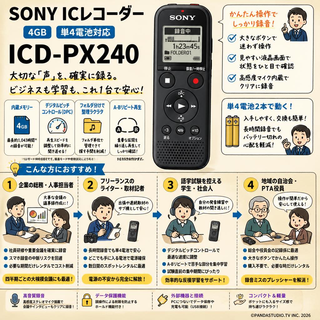 SONY ICレコーダー 4GB 単4電池対応 ICD-PX240 おもな対象のお客様