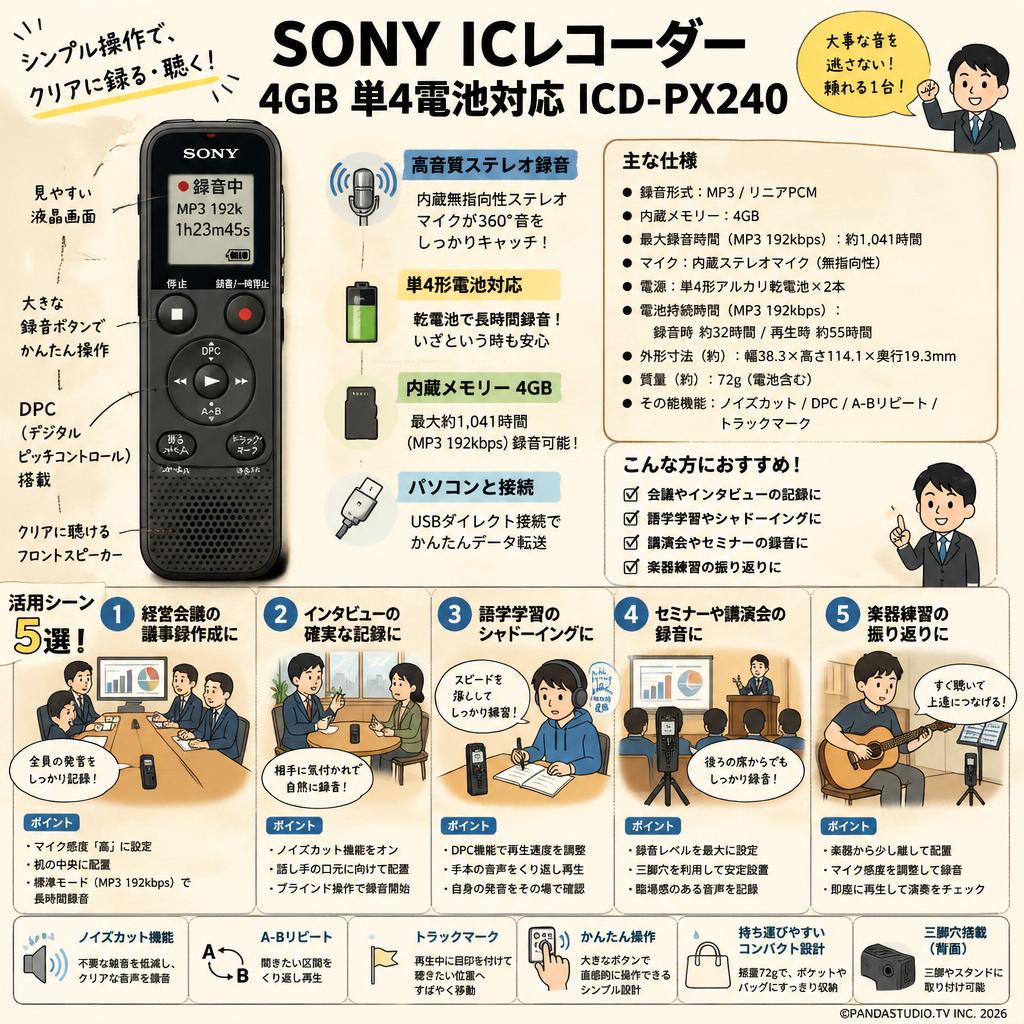 SONY ICレコーダー 4GB 単4電池対応 ICD-PX240 用途