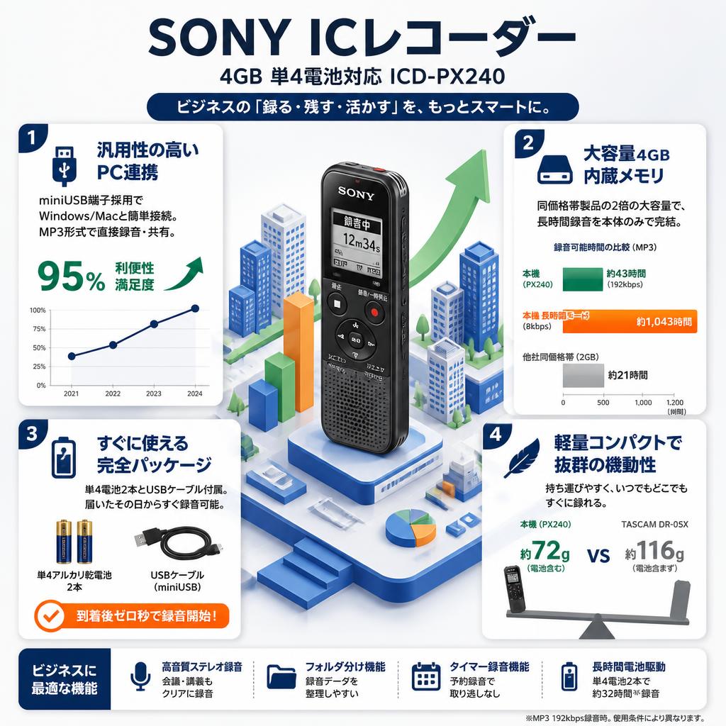 SONY ICレコーダー 4GB 単4電池対応 ICD-PX240 セールスポイント