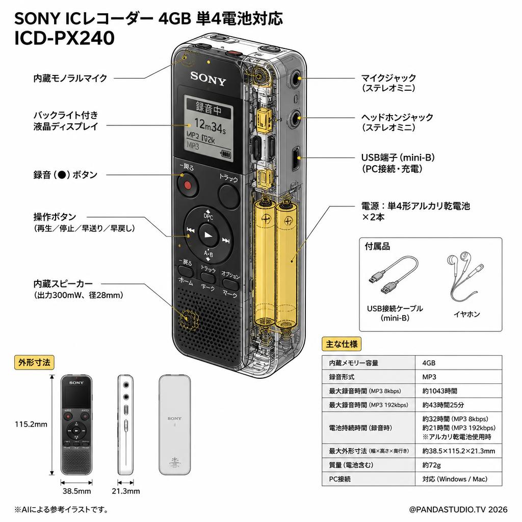 SONY ICレコーダー 4GB 単4電池対応 ICD-PX240 スペック