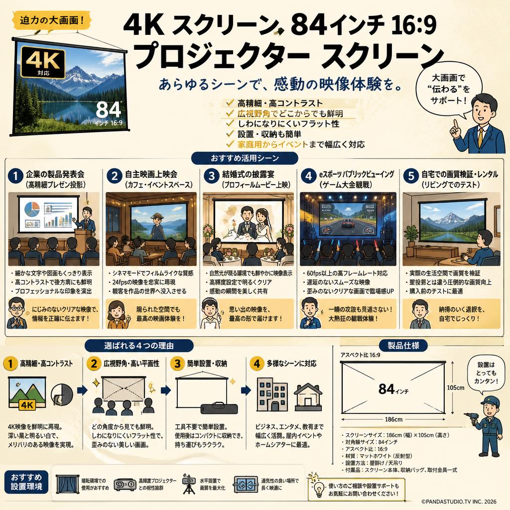 4K スクリーン 84インチ16:9 プロジェクター スクリーン 用途