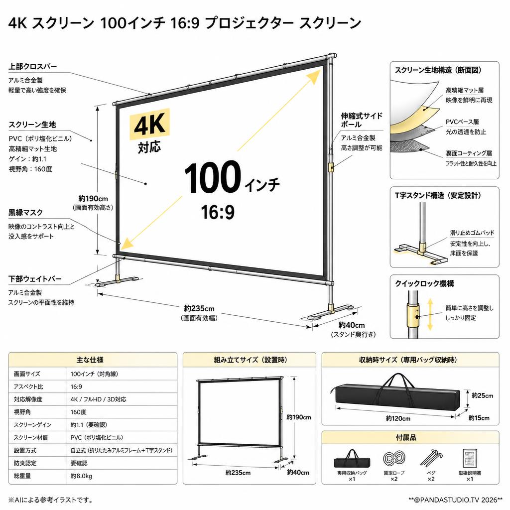 4K スクリーン 100インチ 16:9  プロジェクター スクリーン スペック