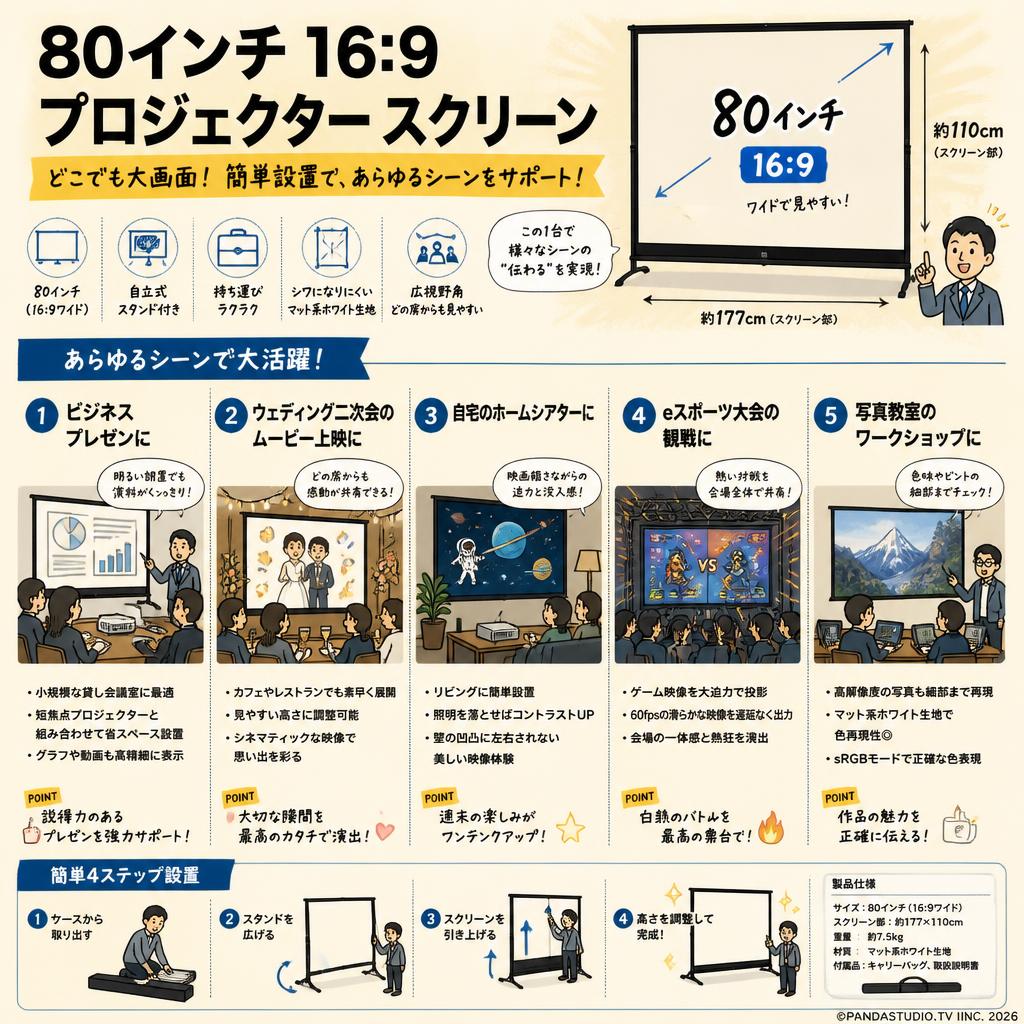 80インチ 16:9  プロジェクター スクリーン 用途
