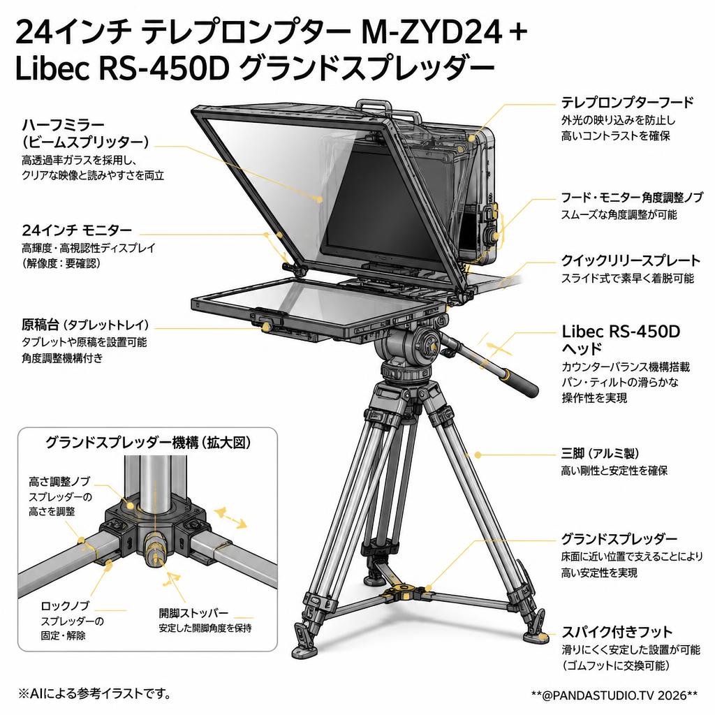 24インチ テレプロンプター M-ZYD24＋Libec RS-450D グランドスプレッダー スペック