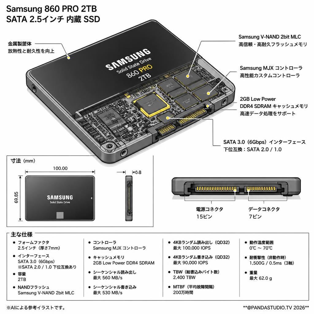 Samsung 860 PRO 2TB SATA 2.5インチ 内蔵 SSD スペック