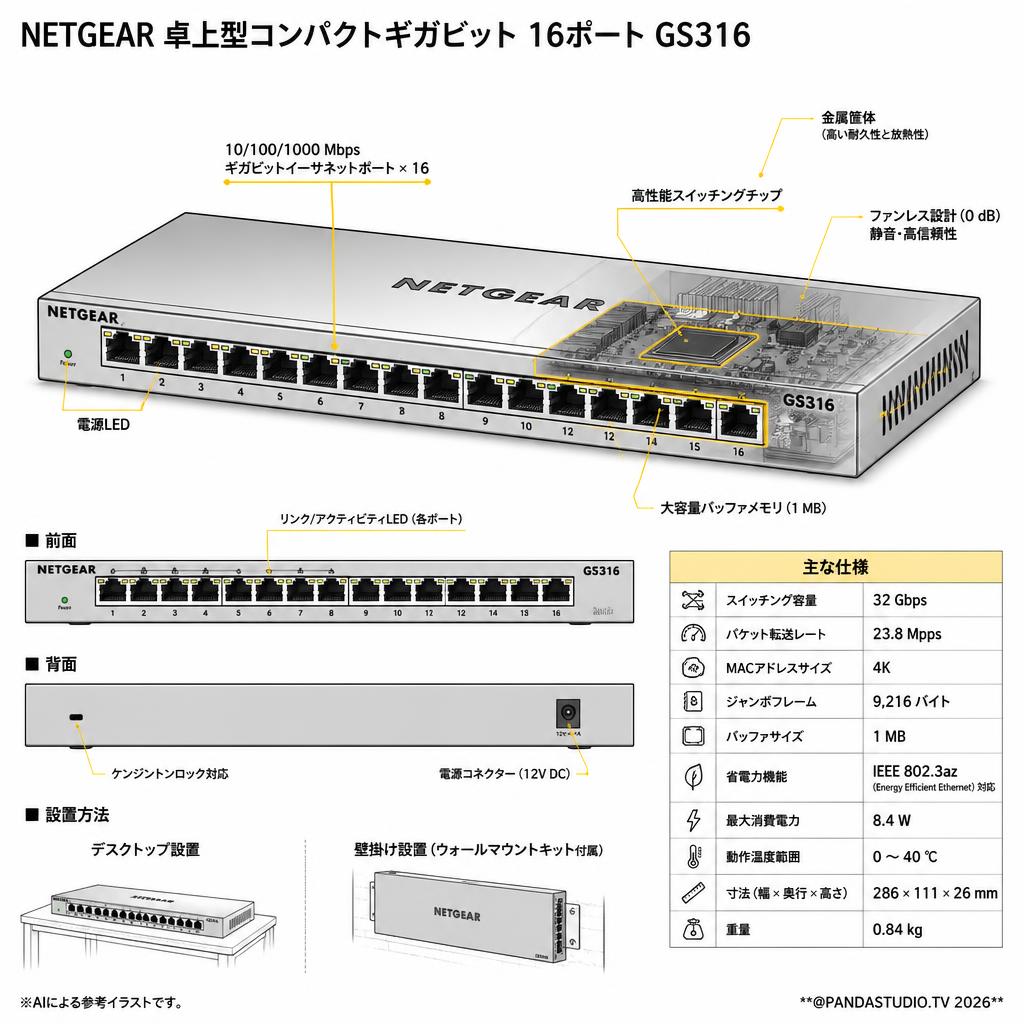 NETGEAR 卓上型コンパクトギガビット 16ポートGS316 スペック