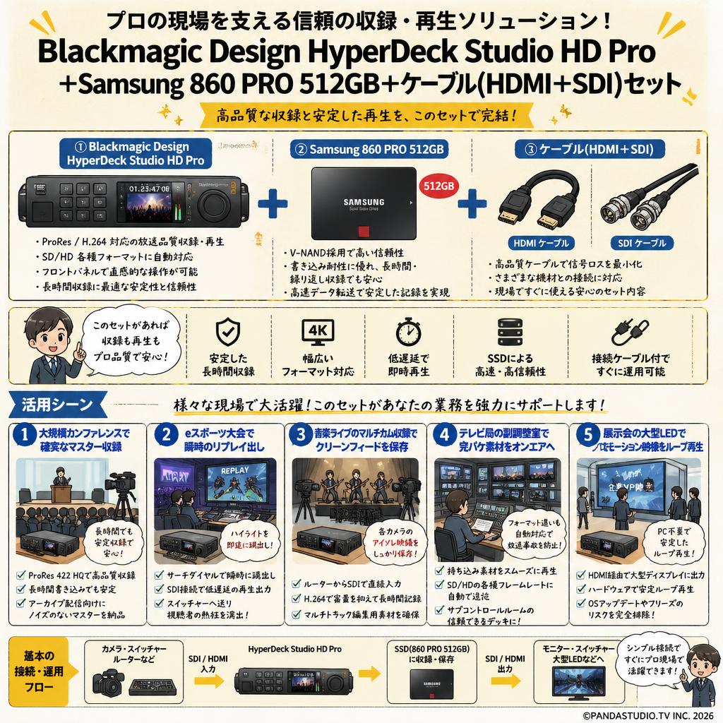 Blackmagic Design HyperDeck Studio HD Pro＋Samsung 860 PRO 512GB＋ケーブル(HDMI＋SDI）セット 用途