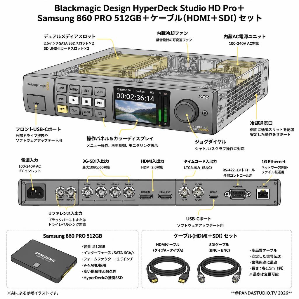 Blackmagic Design HyperDeck Studio HD Pro＋Samsung 860 PRO 512GB＋ケーブル(HDMI＋SDI）セット スペック