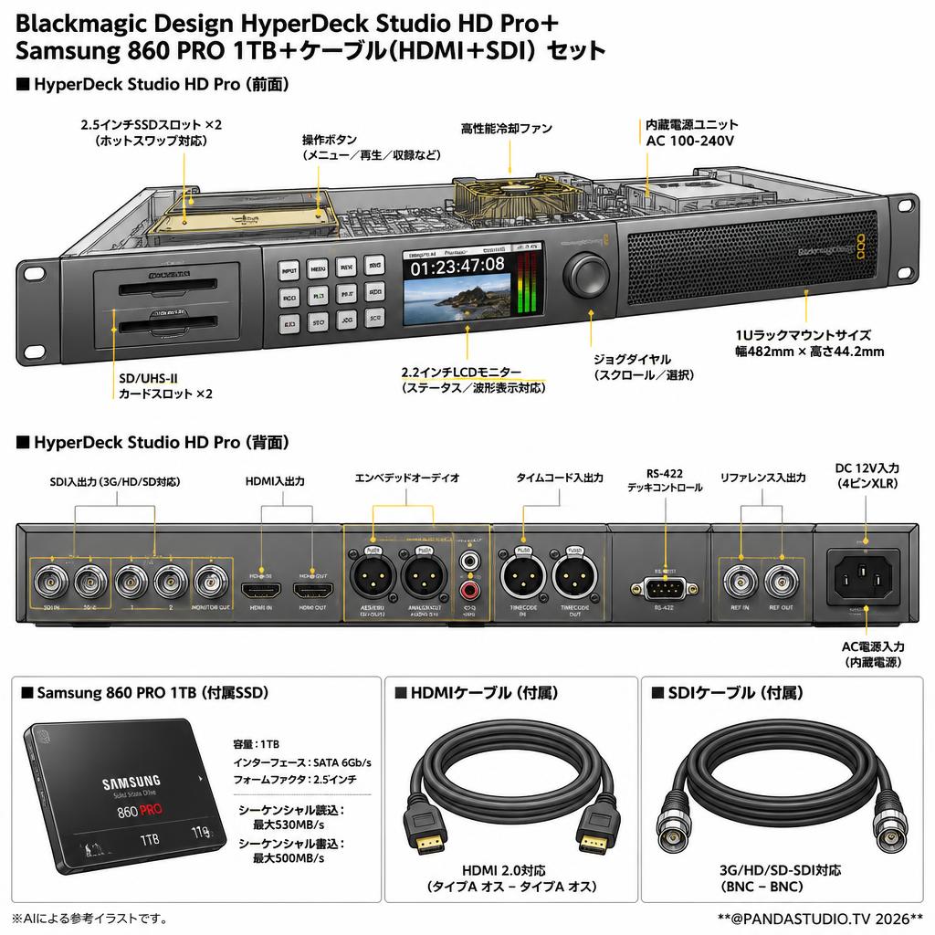 Blackmagic Design HyperDeck Studio HD Pro＋Samsung 860 PRO 1TB＋ケーブル(HDMI＋SDI）セット スペック