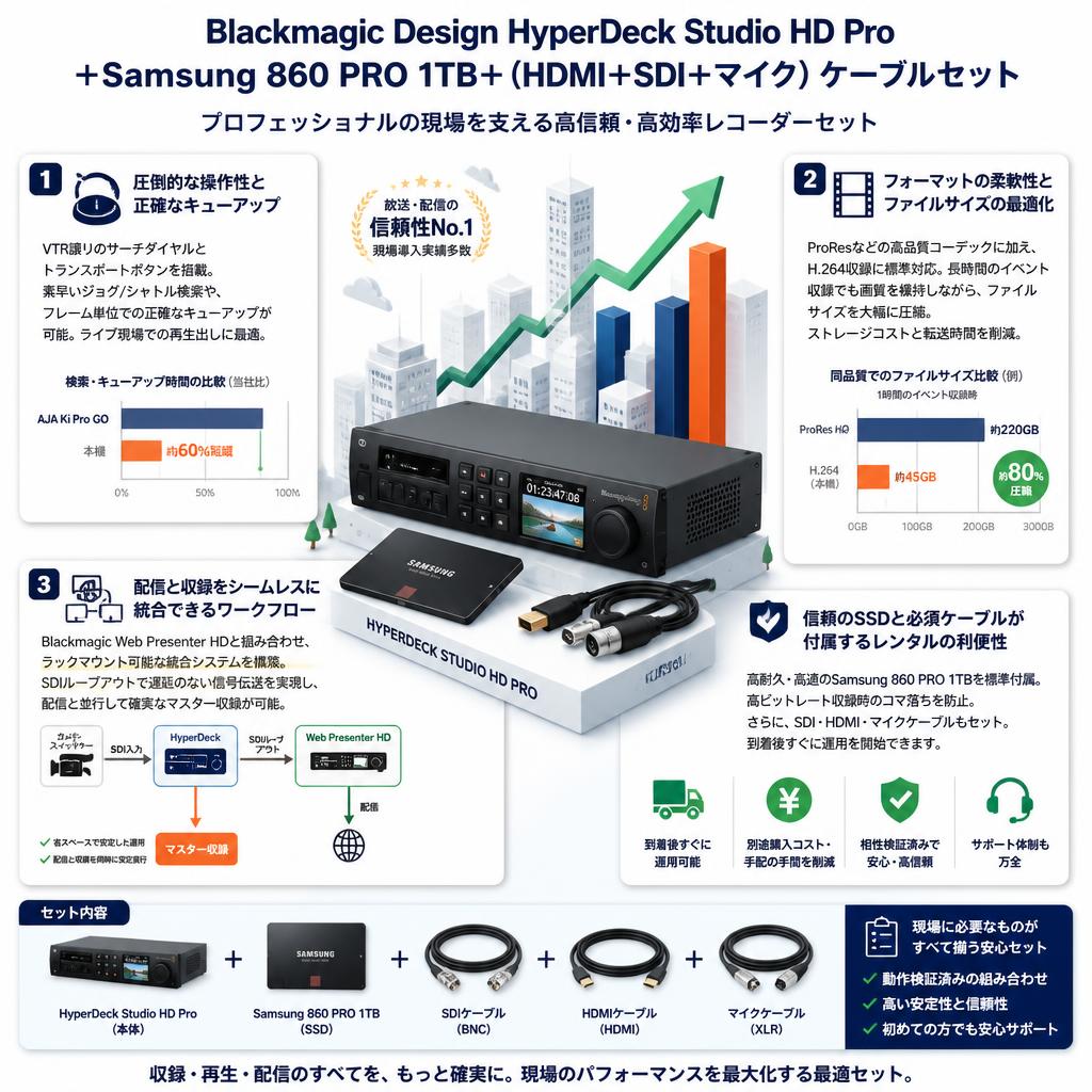 Blackmagic Design HyperDeck Studio HD Pro＋Samsung 860 PRO 1TB＋(HDMI＋SDI＋マイク）ケーブルセット セールスポイント