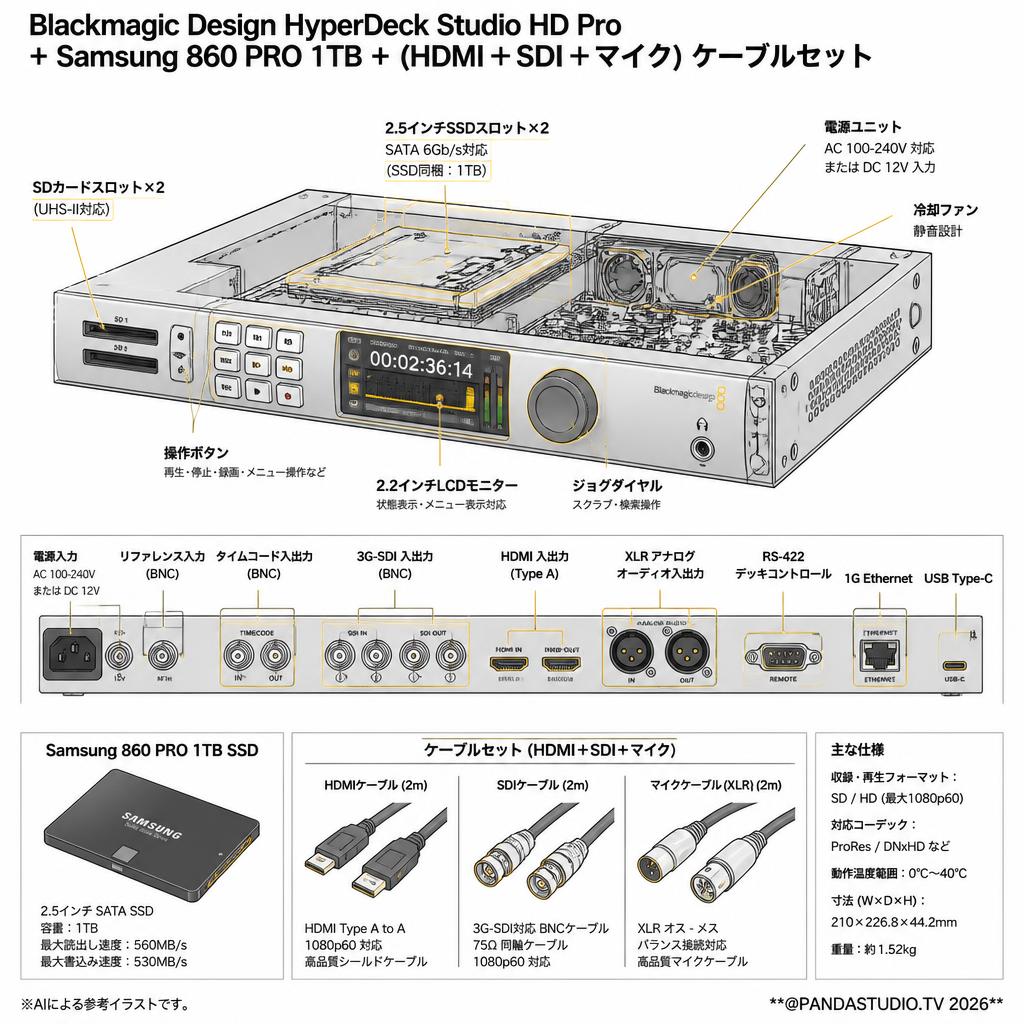 Blackmagic Design HyperDeck Studio HD Pro＋Samsung 860 PRO 1TB＋(HDMI＋SDI＋マイク）ケーブルセット スペック