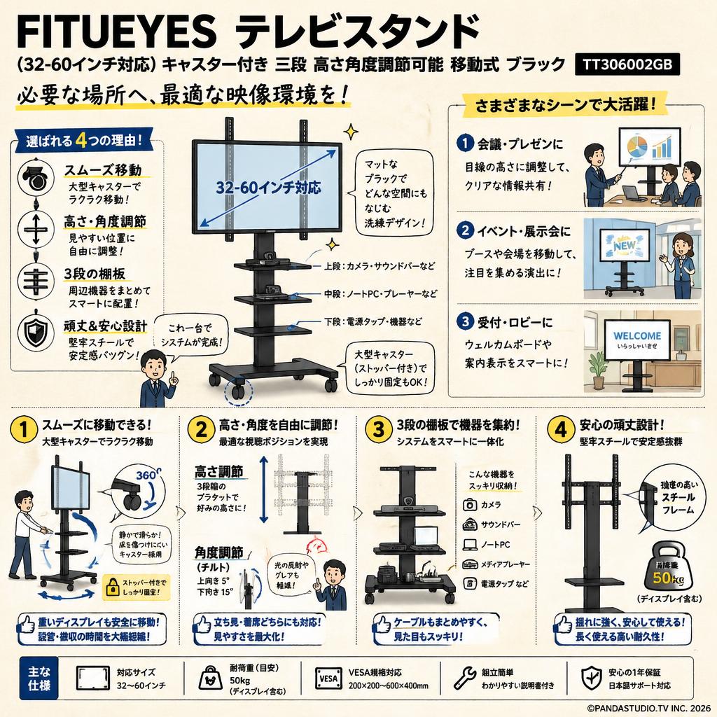 FITUEYES テレビスタンド（32-60インチ対応）キャスター付き 三段 高さ角度調節可能 移動式 ブラック TT306002GB 概要
