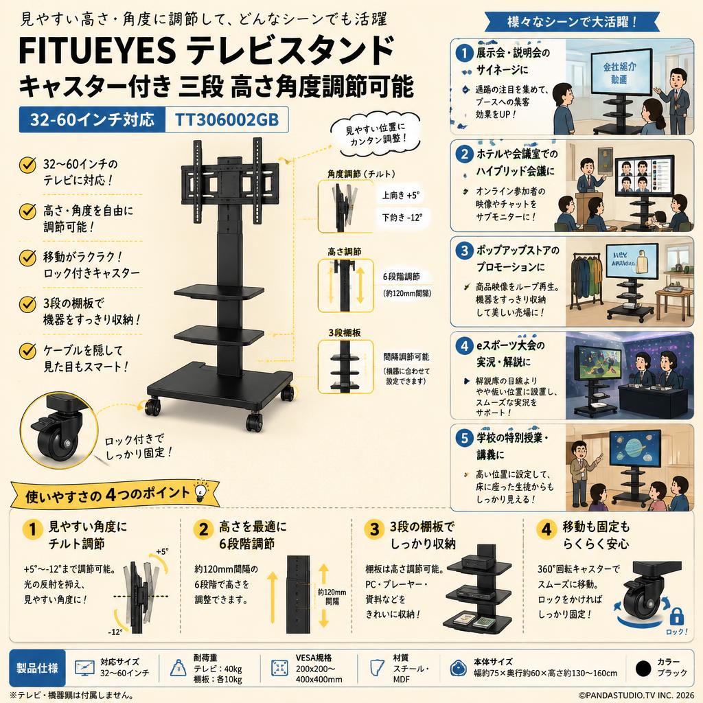 FITUEYES テレビスタンド（32-60インチ対応）キャスター付き 三段 高さ角度調節可能 移動式 ブラック TT306002GB 用途