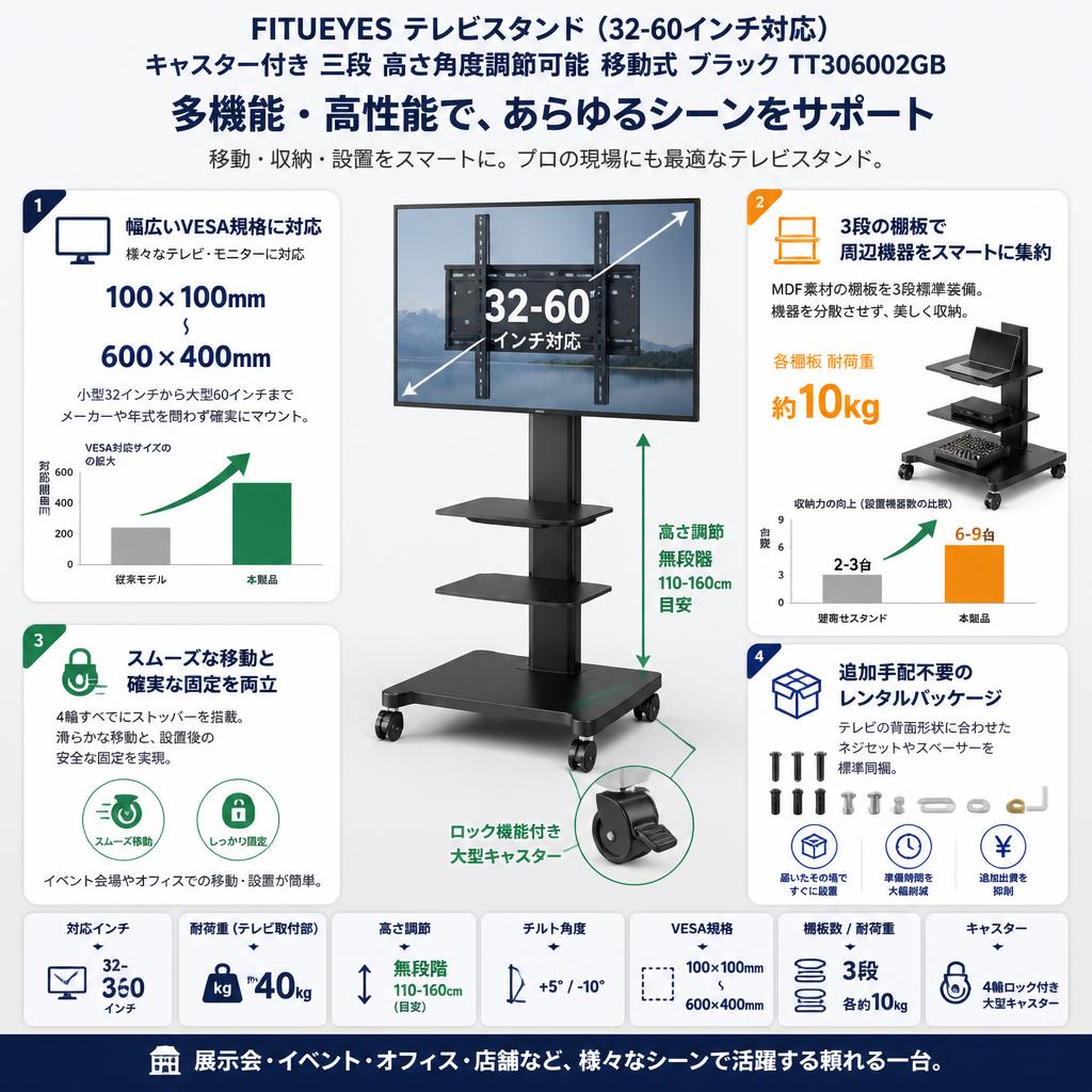 FITUEYES テレビスタンド（32-60インチ対応）キャスター付き 三段 高さ角度調節可能 移動式 ブラック TT306002GB セールスポイント