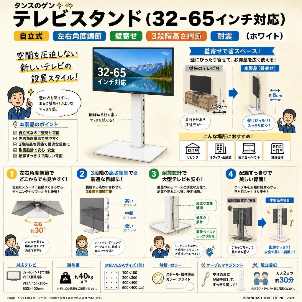 タンスのゲン テレビスタンド（32-65インチ対応）自立式 左右角度調節 壁寄せ 3段階高さ調節 耐震（ホワイト） 概要