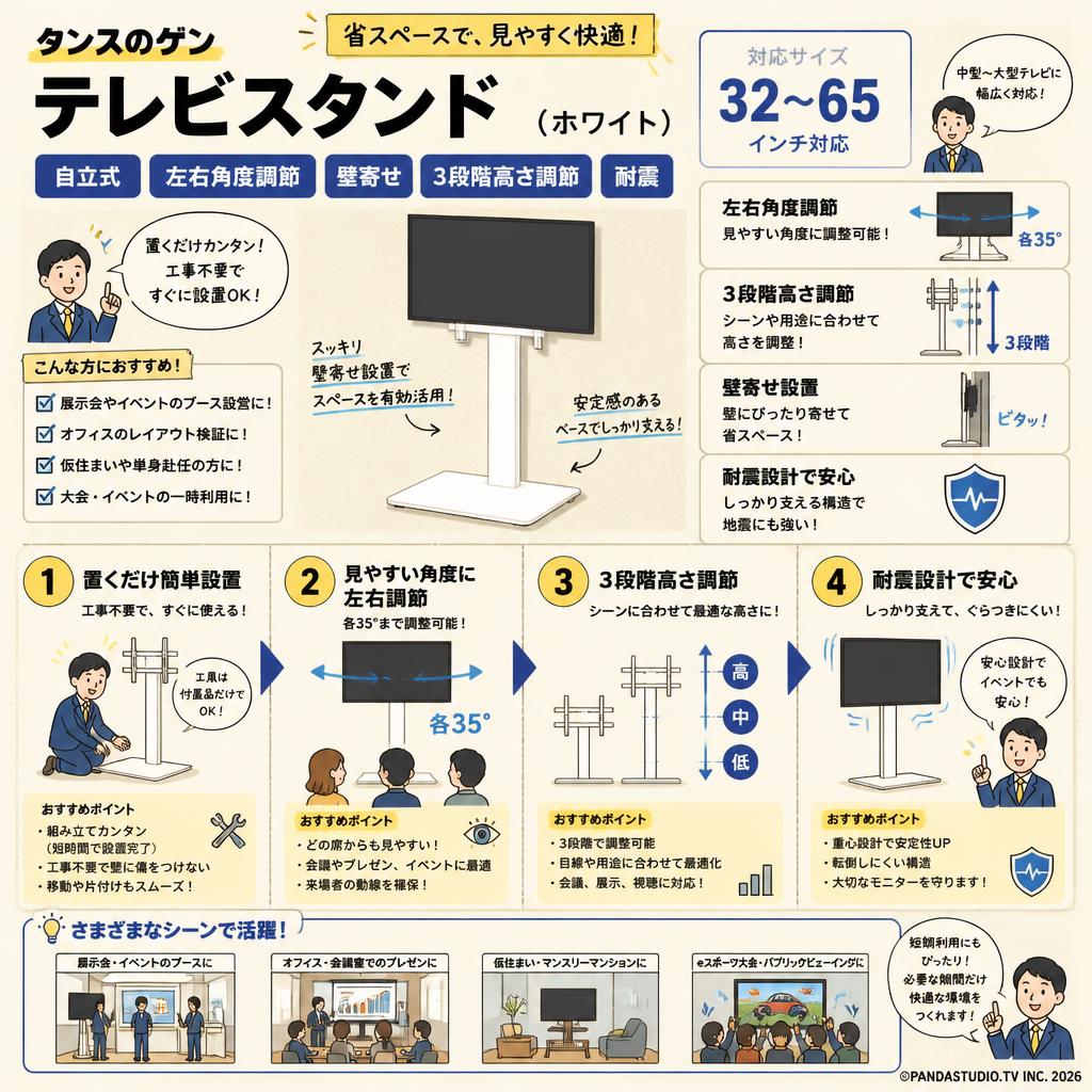 タンスのゲン テレビスタンド（32-65インチ対応）自立式 左右角度調節 壁寄せ 3段階高さ調節 耐震（ホワイト） おもな対象のお客様