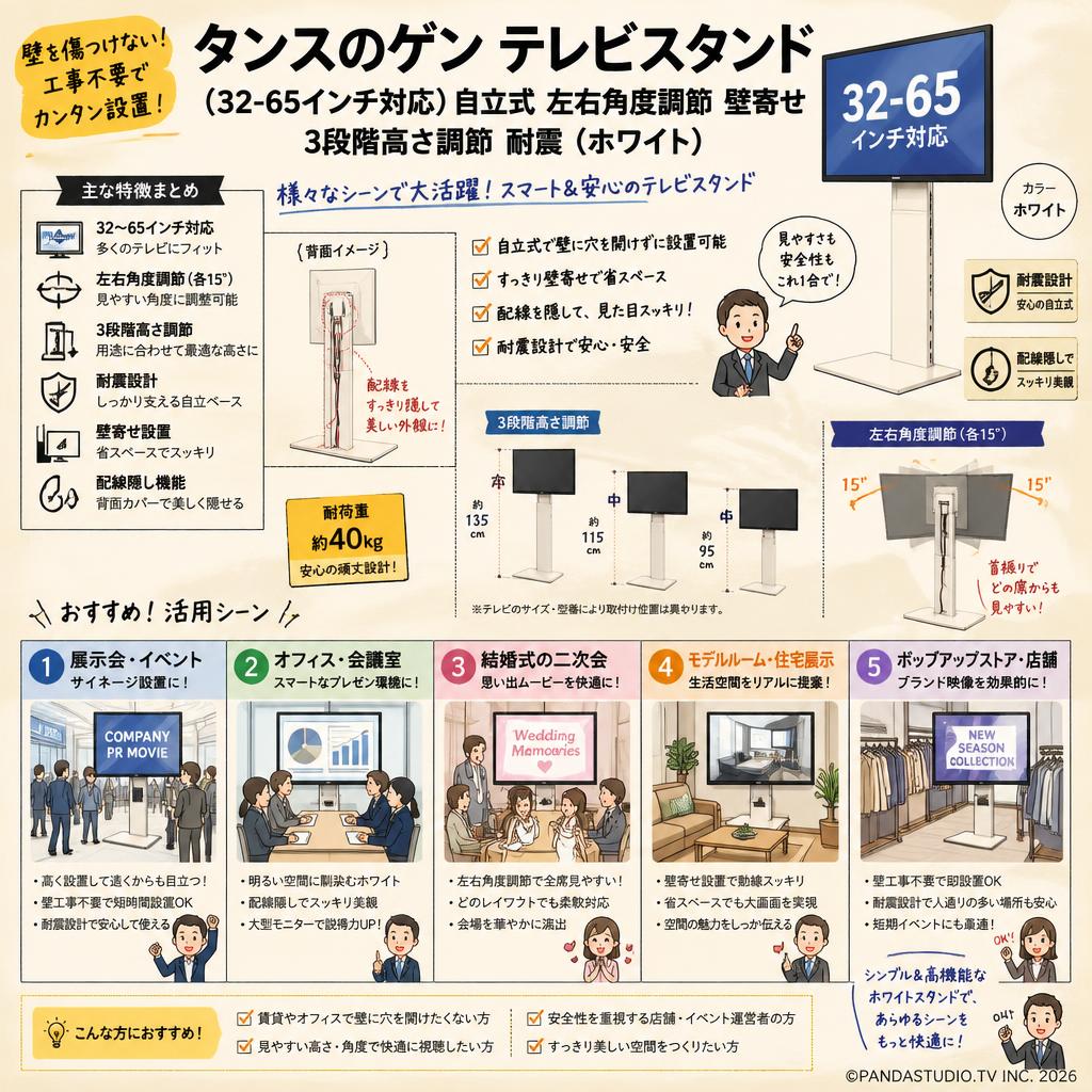 タンスのゲン テレビスタンド（32-65インチ対応）自立式 左右角度調節 壁寄せ 3段階高さ調節 耐震（ホワイト） 用途