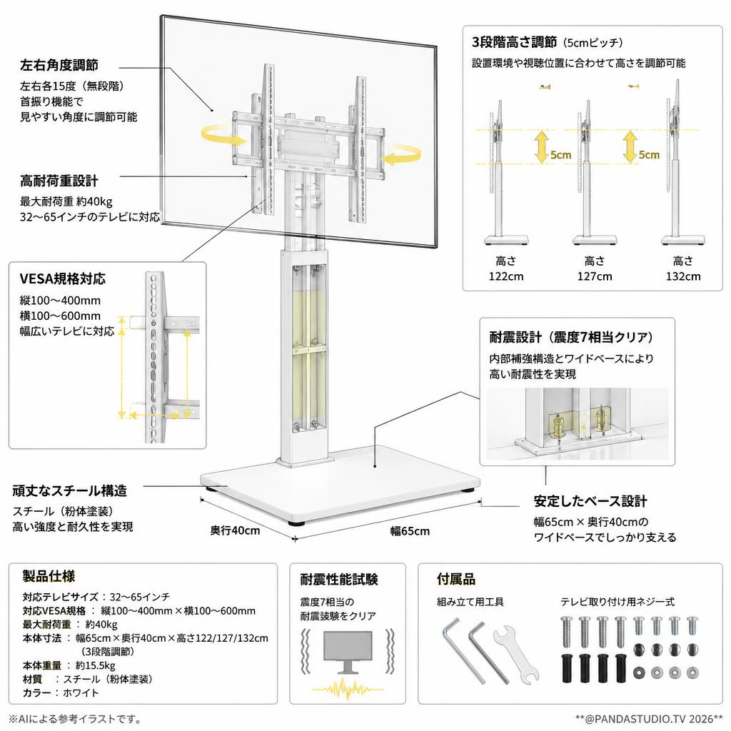 タンスのゲン テレビスタンド（32-65インチ対応）自立式 左右角度調節 壁寄せ 3段階高さ調節 耐震（ホワイト） スペック