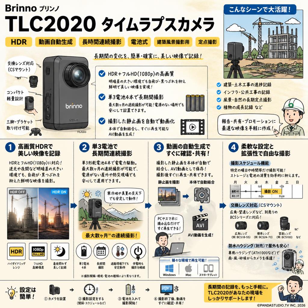 Brinno ブリンノ TLC2020 タイムラプスカメラ HDR 動画自動生成 長時間連続撮影 電池式 建築風景撮影用 定点撮影 概要
