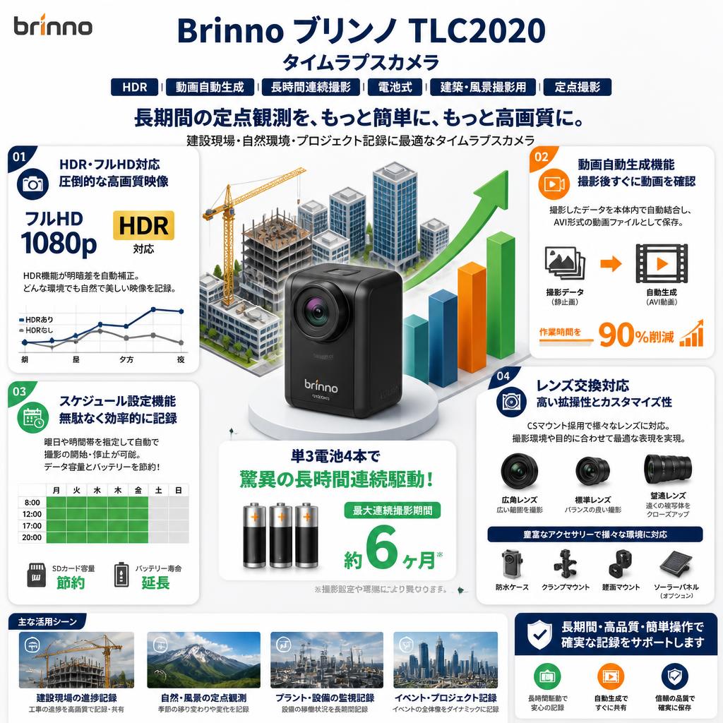 Brinno ブリンノ TLC2020 タイムラプスカメラ HDR 動画自動生成 長時間連続撮影 電池式 建築風景撮影用 定点撮影 セールスポイント