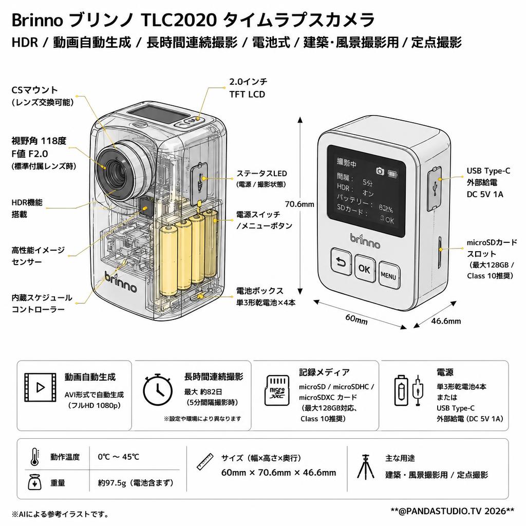 Brinno ブリンノ TLC2020 タイムラプスカメラ HDR 動画自動生成 長時間連続撮影 電池式 建築風景撮影用 定点撮影 スペック