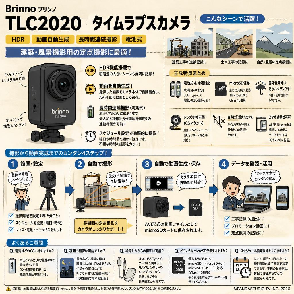 Brinno ブリンノ TLC2020 タイムラプスカメラ HDR 動画自動生成 長時間連続撮影 電池式 建築風景撮影用 定点撮影 FAQ（よくある質問と答え）