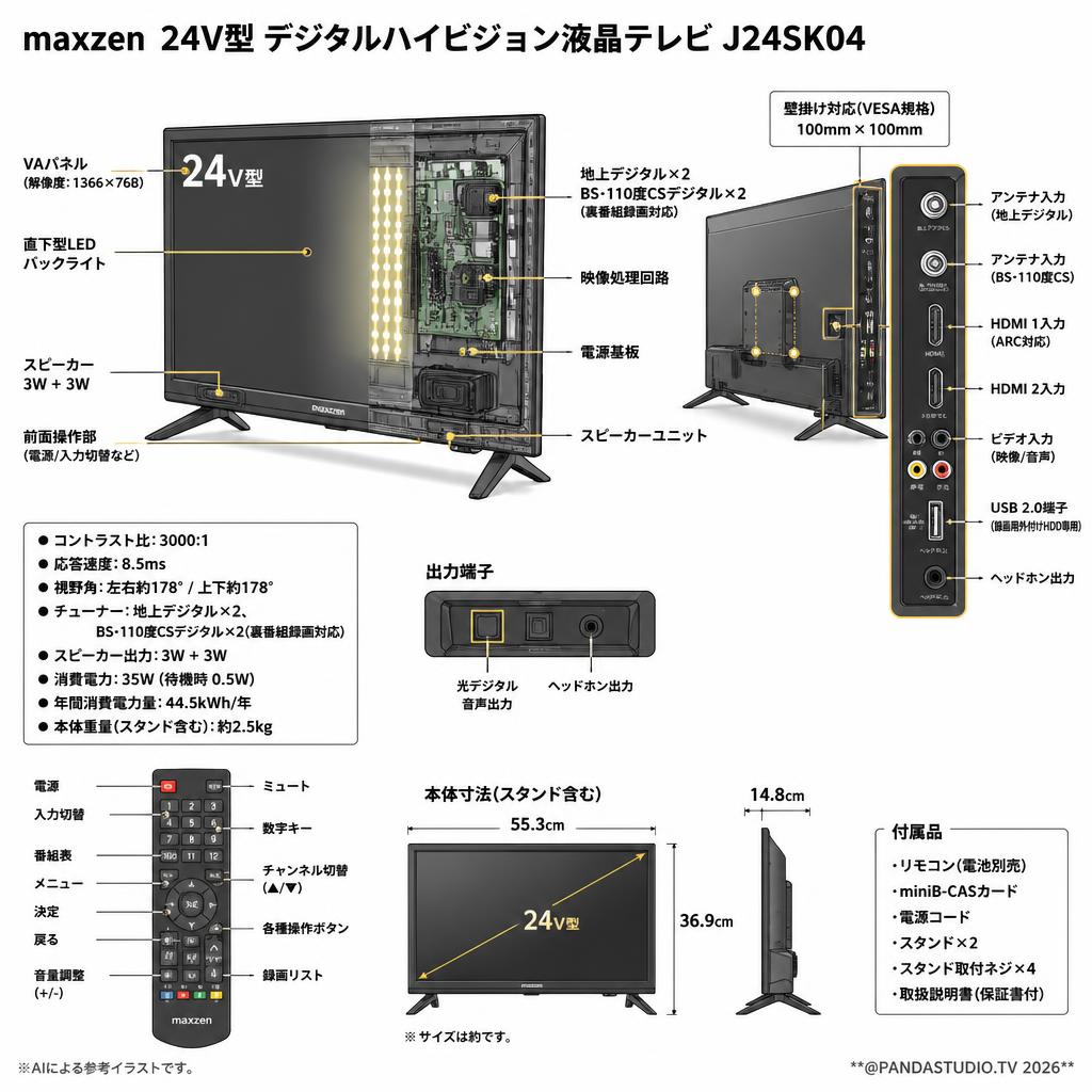 maxzen  24V型 デジタルハイビジョン液晶テレビ	J24SK04 スペック