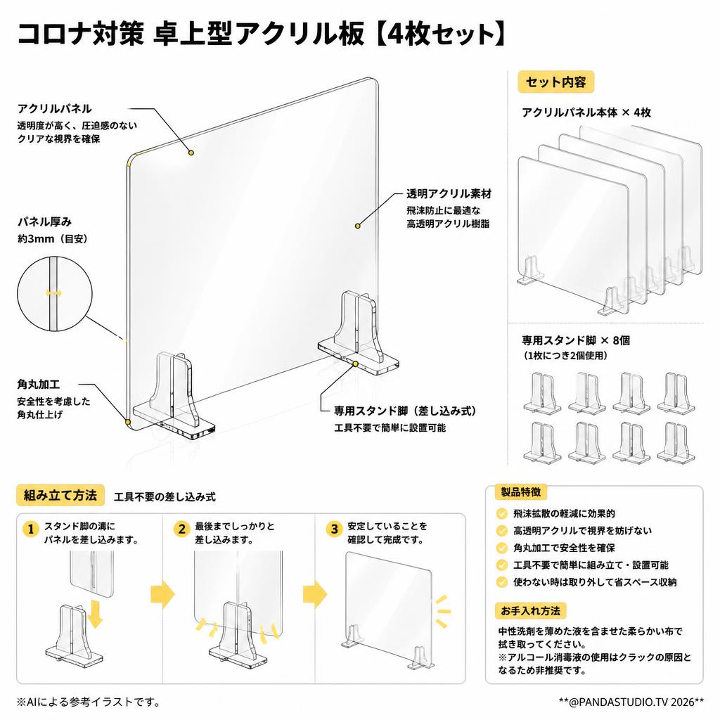 コロナ対策 卓上型アクリル板 【4枚セット】 スペック