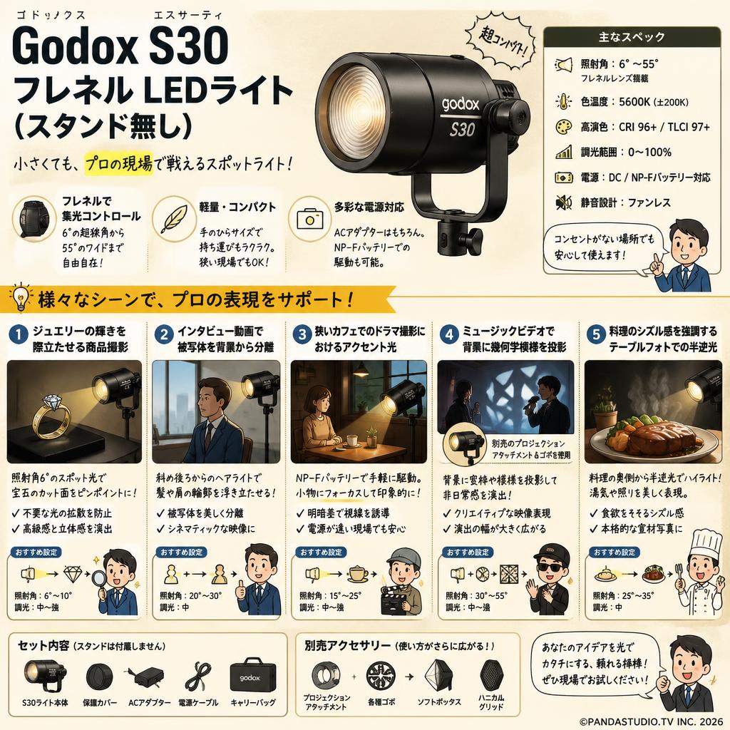 Godox S30 フレネル LEDライト (スタンド無し) 用途