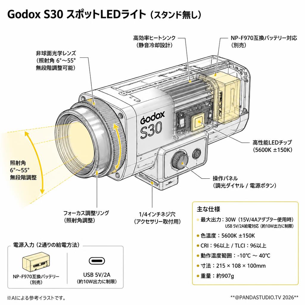 Godox S30 スポットLEDライト(スタンド無し) スペック