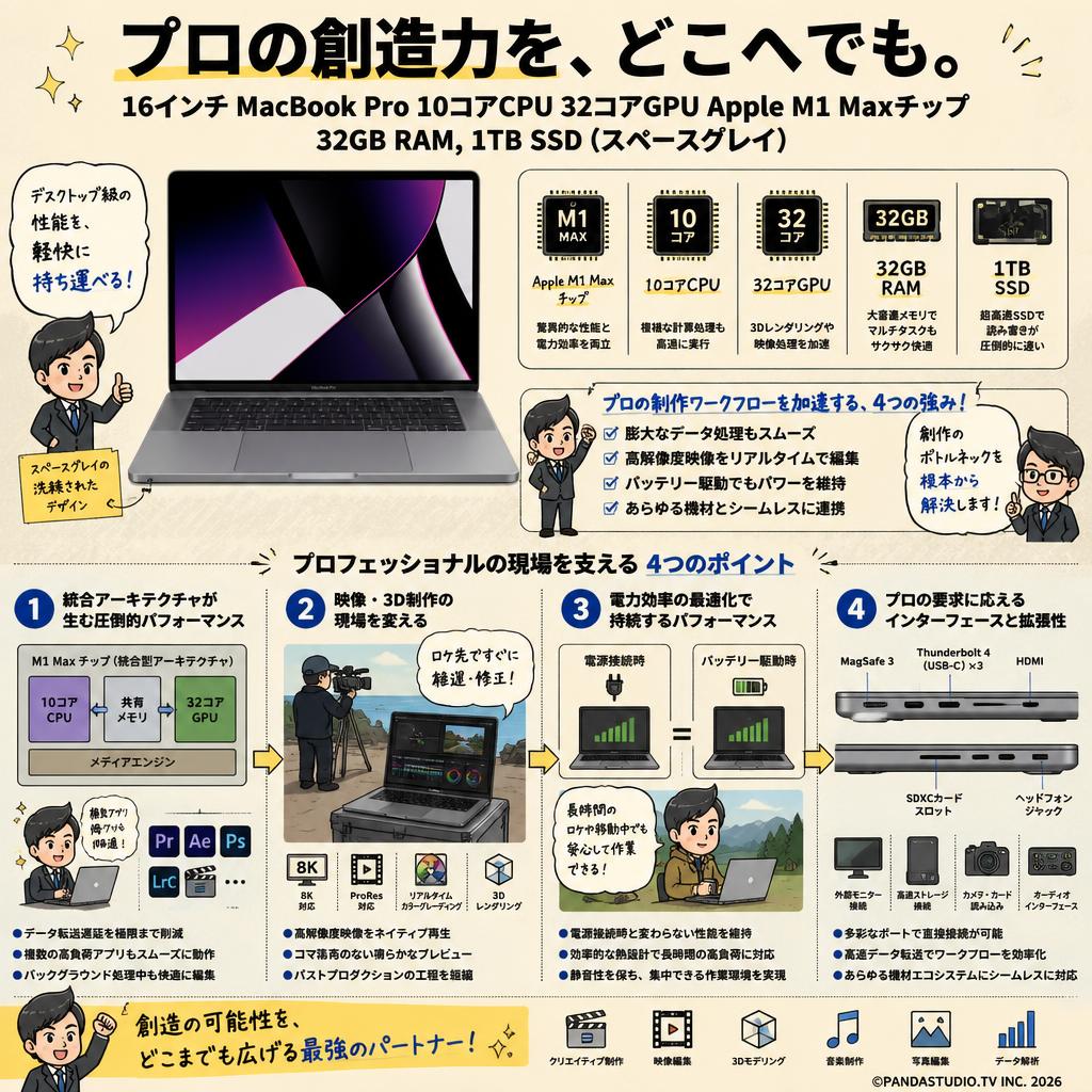 16インチ MacBook Pro 10コアCPU 32コアGPU Apple M1 Maxチップ 32GB RAM, 1TB SSD（スペースグレイ) 概要