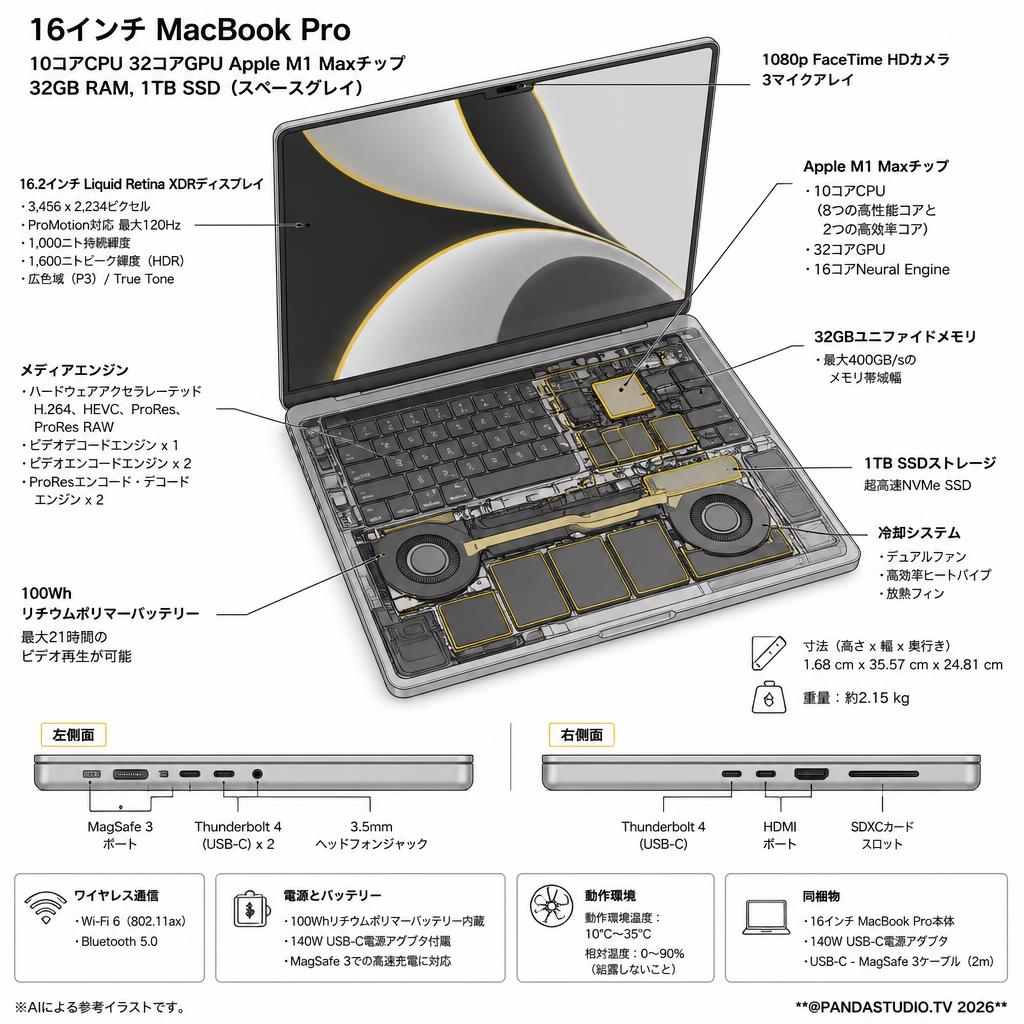 16インチ MacBook Pro 10コアCPU 32コアGPU Apple M1 Maxチップ 32GB RAM, 1TB SSD（スペースグレイ) スペック