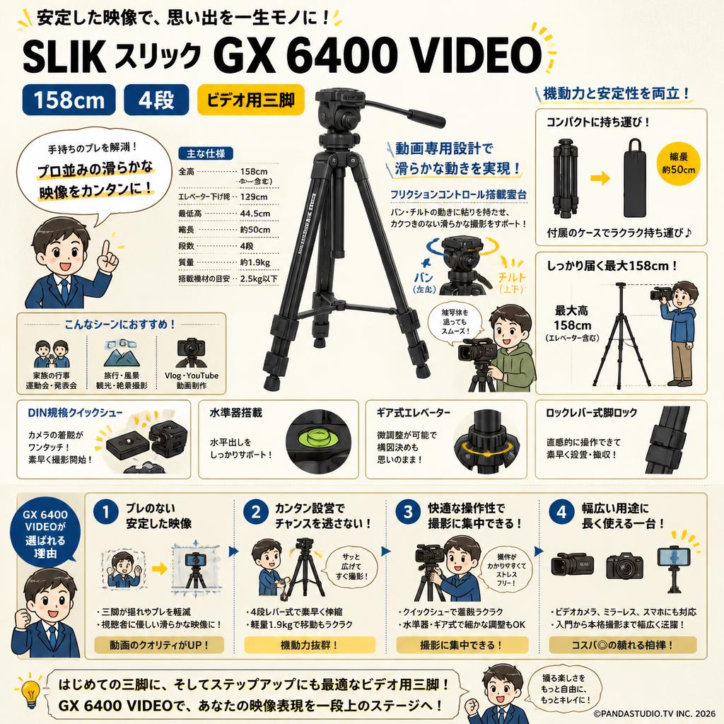 SLIK スリック GX 6400 VIDEO 158cm 4段 ビデオ用三脚 概要
