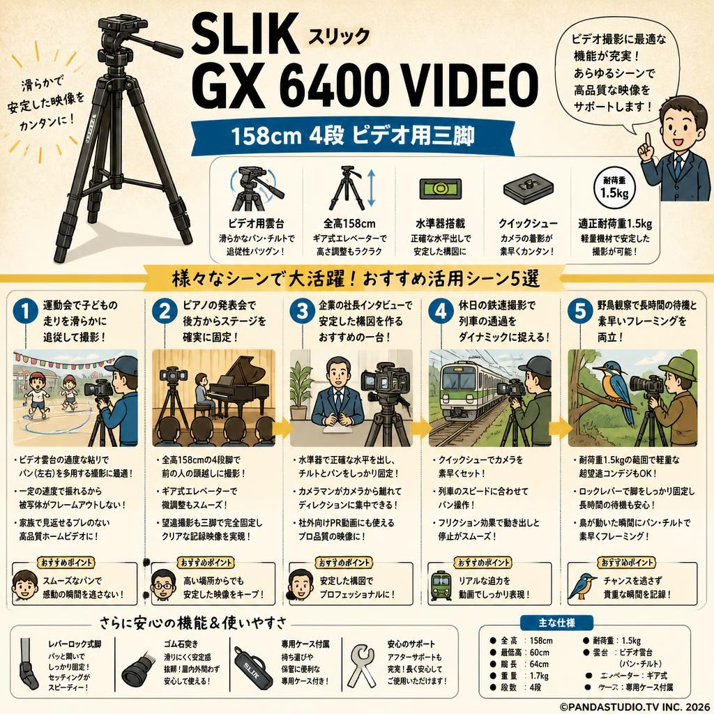 SLIK スリック GX 6400 VIDEO 158cm 4段 ビデオ用三脚 用途
