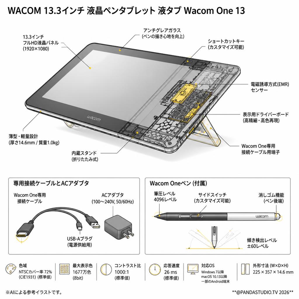 WACOM 13.3インチ 液晶ペンタブレット 液タブ Wacom One 13 スペック