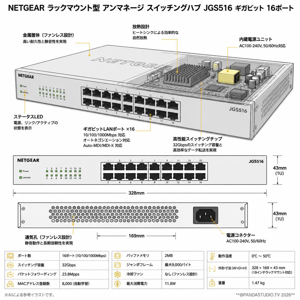 NETGEAR ラックマウント型 アンマネージ スイッチングハブ JGS516 ギガビット 16ポート スペック