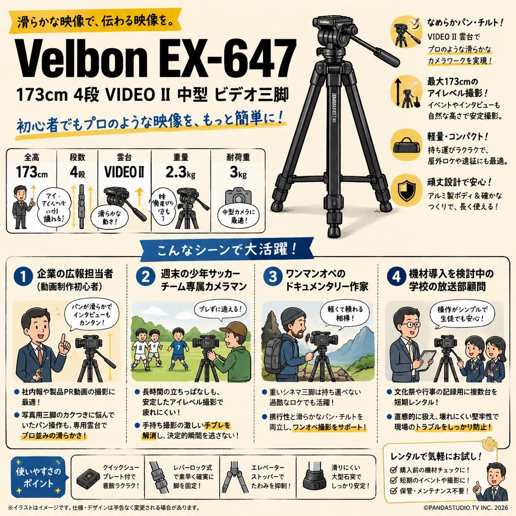 Velbon EX-647 173cm 4段 VIDEO II 中型 ビデオ三脚 おもな対象のお客様