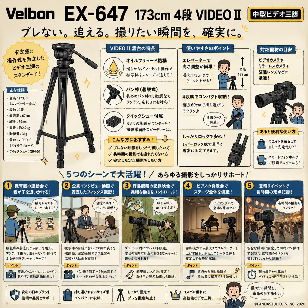 Velbon EX-647 173cm 4段 VIDEO II 中型 ビデオ三脚 用途