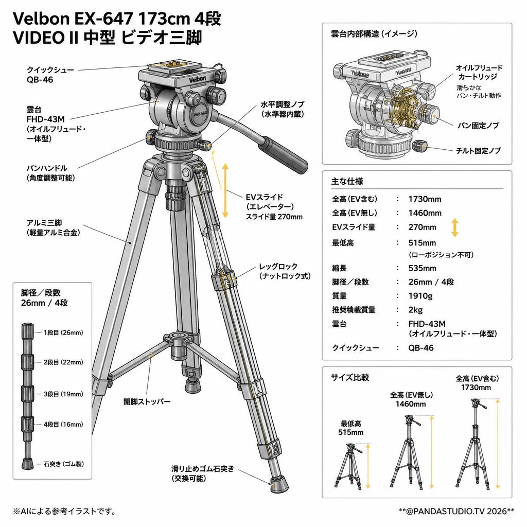 Velbon EX-647 173cm 4段 VIDEO II 中型 ビデオ三脚 スペック
