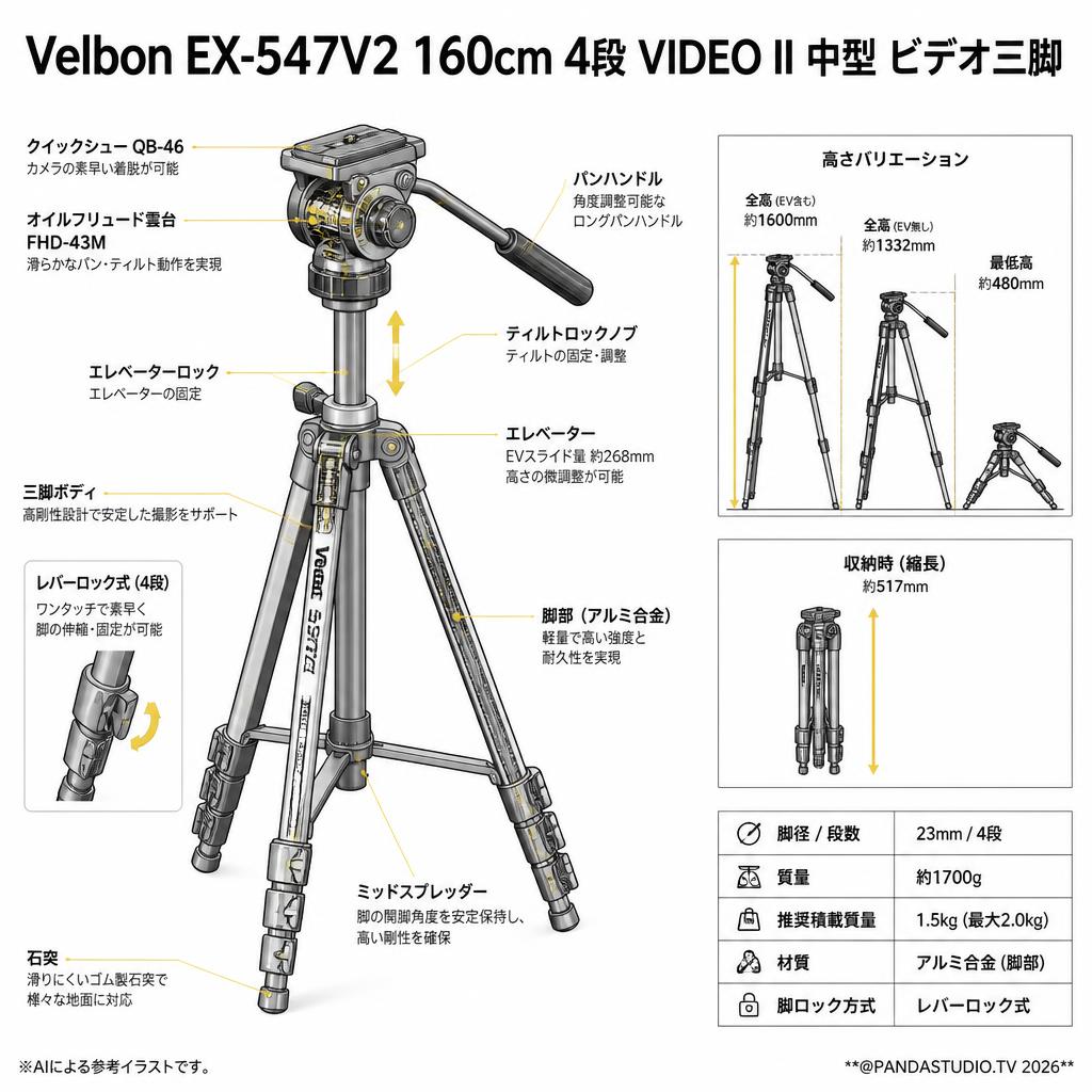 Velbon EX-547V2 160cm 4段 VIDEO II 中型 ビデオ三脚 スペック