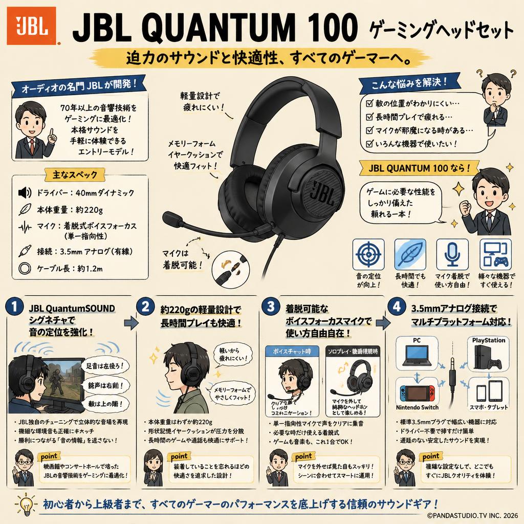 JBL QUANTUM 100 ゲーミングヘッドセット 概要