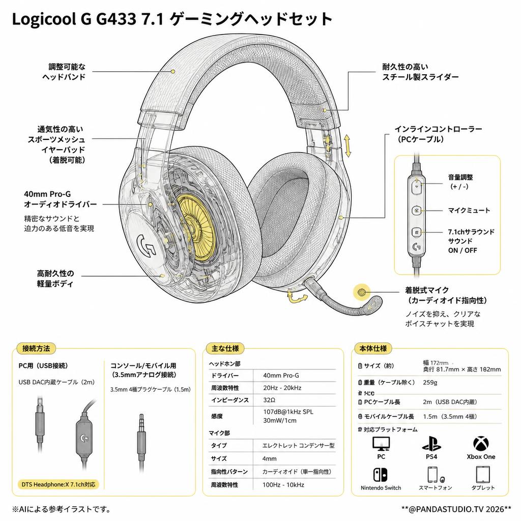 Logicool G G433 7.1 ゲーミングヘッドセット スペック