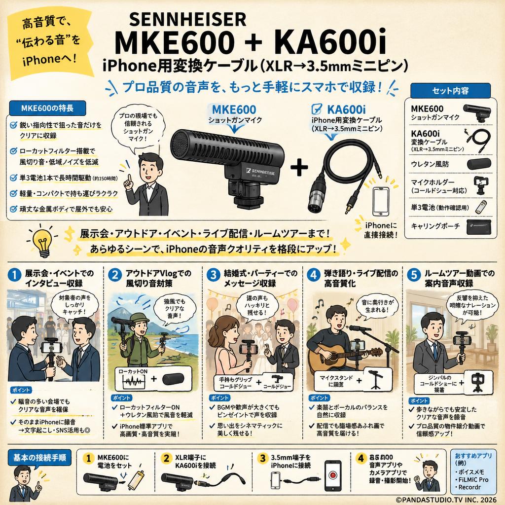 SENNHEISER MKE600 + KA600I iphone用変換ケーブル（XLR→3.5mm