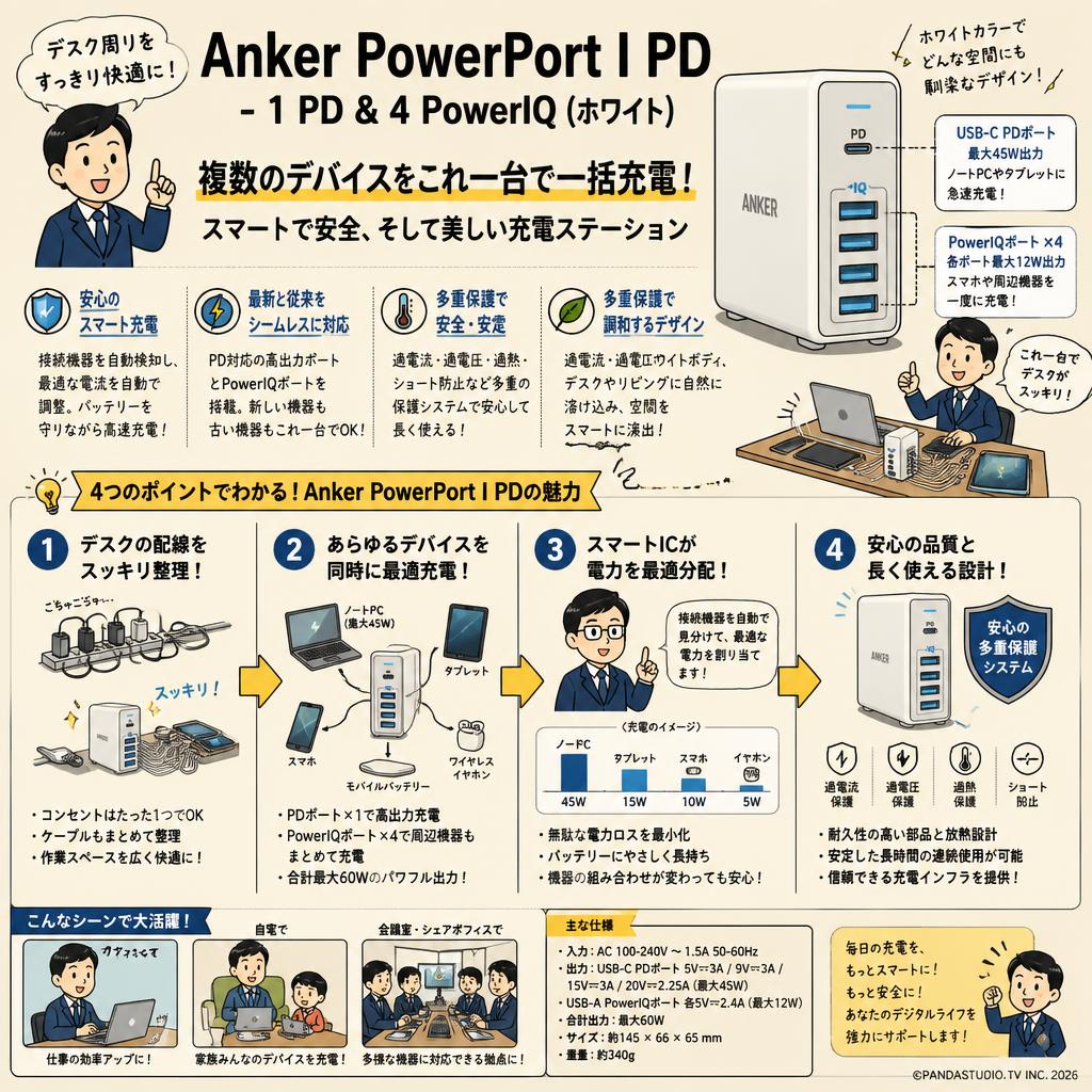 Anker PowerPort I PD - 1 PD & 4 PowerIQ (ホワイト) 概要
