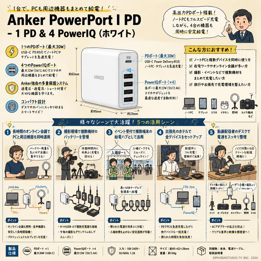 Anker PowerPort I PD - 1 PD & 4 PowerIQ (ホワイト) 用途