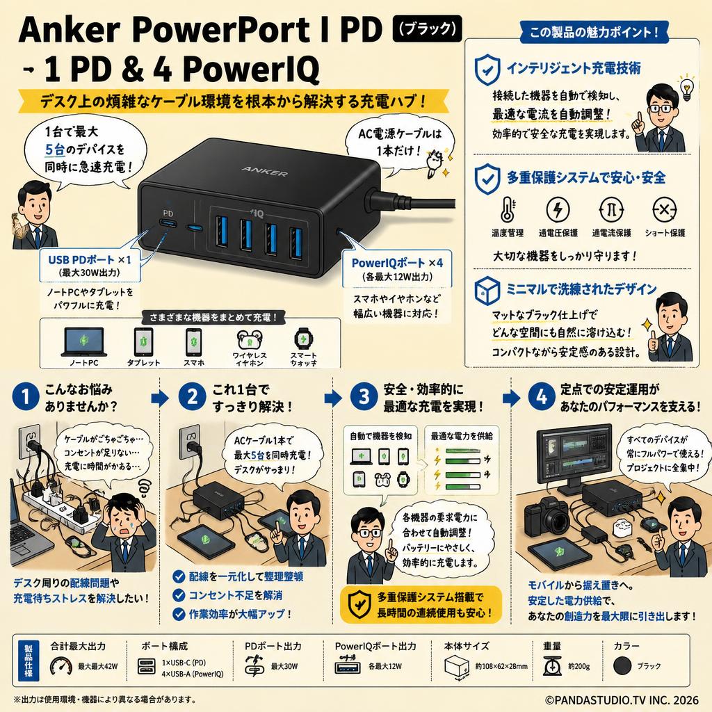 Anker PowerPort I PD - 1 PD & 4 PowerIQ (ブラック) 概要