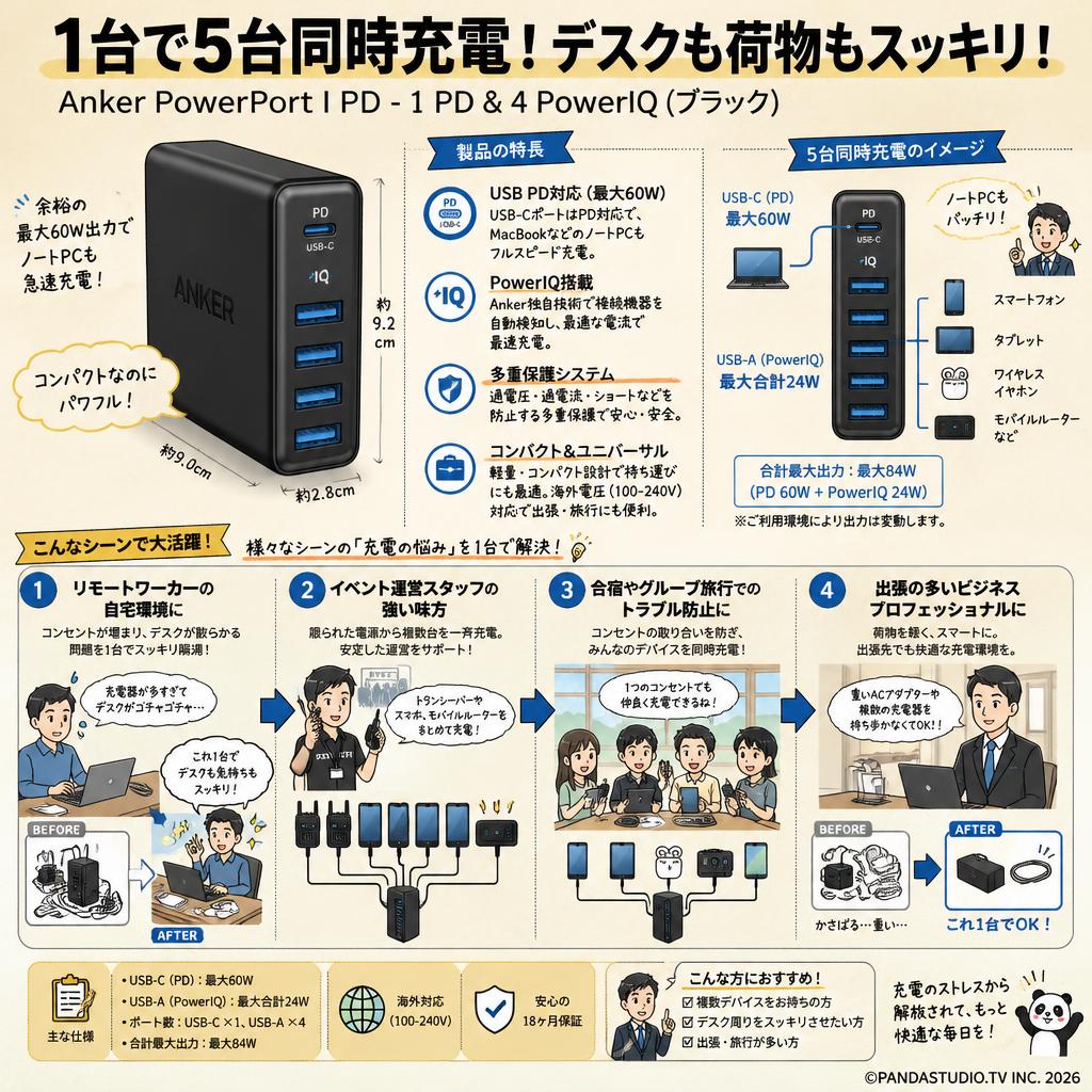Anker PowerPort I PD - 1 PD & 4 PowerIQ (ブラック) おもな対象のお客様