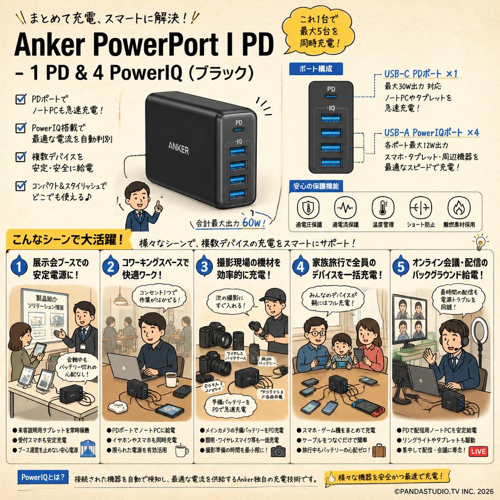 Anker PowerPort I PD - 1 PD & 4 PowerIQ (ブラック) 用途