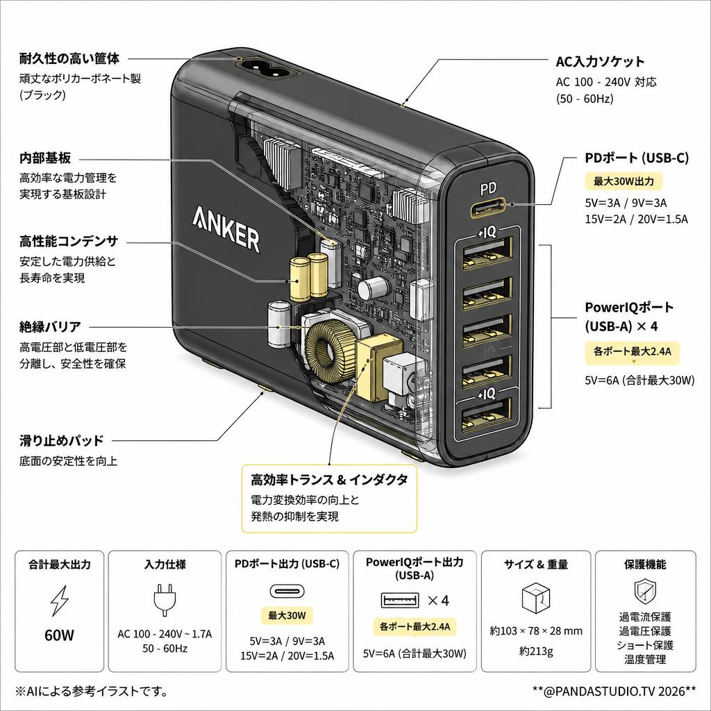 Anker PowerPort I PD - 1 PD & 4 PowerIQ (ブラック) スペック