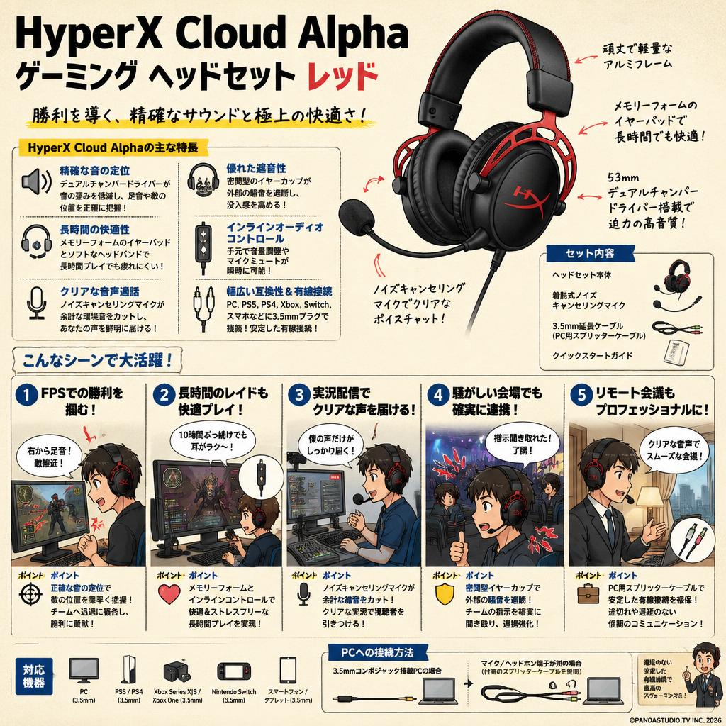 HyperX Cloud Alpha ゲーミング ヘッドセット レッド 用途